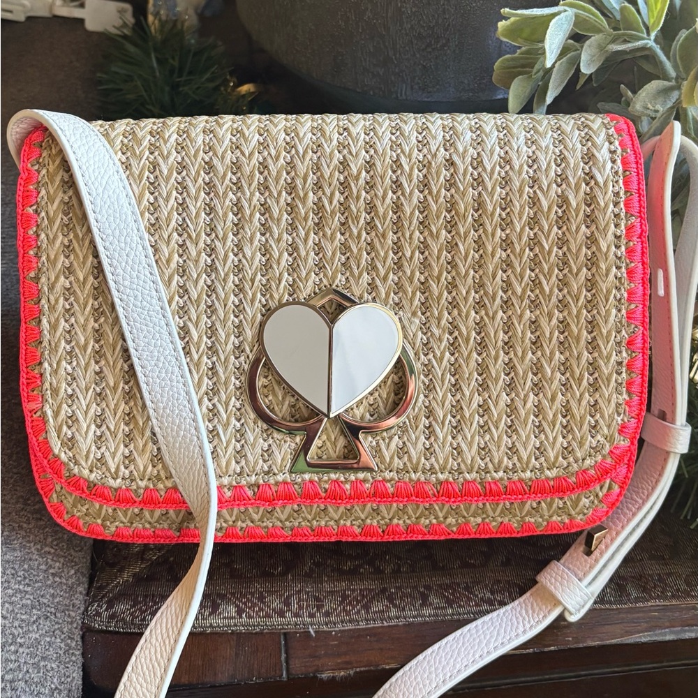 Authentic KATE SPADE Stiched/straw/leather TWIST LOCK Shoulder/ Crossbody Bag